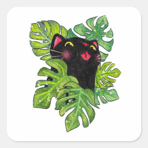 Watercolor Whimsical Black Cat And Monstera Leaves Square Sticker