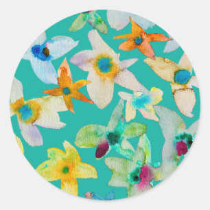 Watercolor whimsical blue flowers classic round sticker