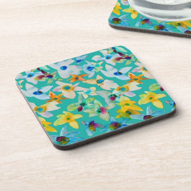 Watercolor whimsical blue flowers coaster (Left Side)