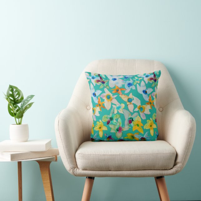 Watercolor whimsical blue flowers cushion (Chair)