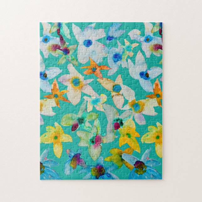 Watercolor whimsical blue flowers jigsaw puzzle (Vertical)