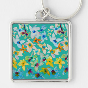 Watercolor whimsical blue flowers key ring