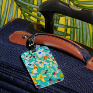 Watercolor whimsical blue flowers luggage tag