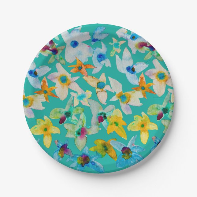 Watercolor whimsical blue flowers paper plate (Front)