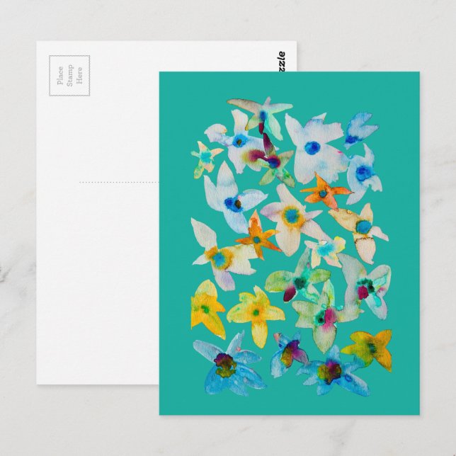 Watercolor whimsical blue flowers postcard (Front/Back)