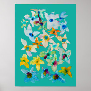 Watercolor whimsical blue flowers poster