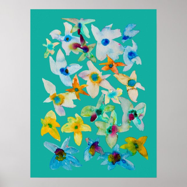 Watercolor whimsical blue flowers poster (Front)