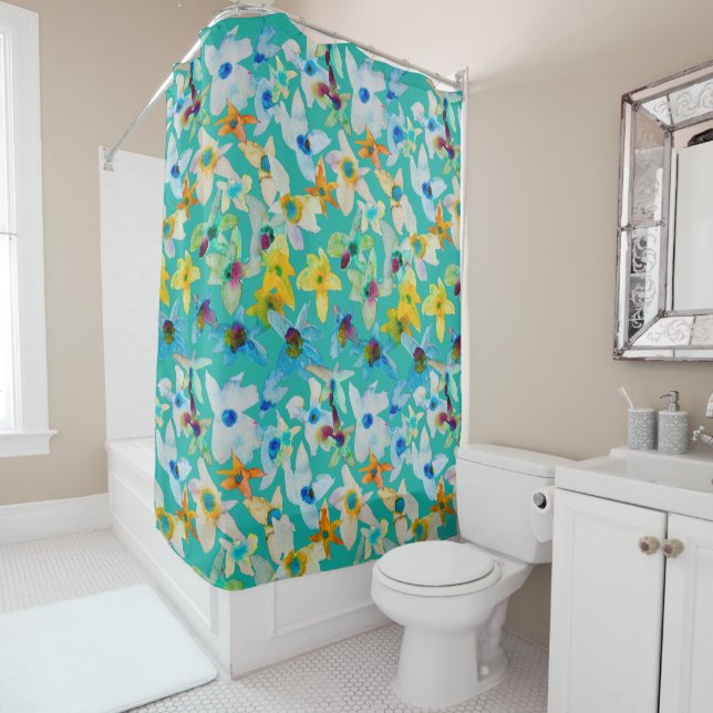 Watercolor whimsical blue flowers shower curtain (In Situ)