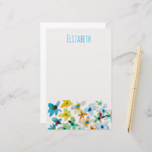 Watercolor whimsical blue flowers stationery