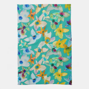 Watercolor whimsical blue flowers tea towel