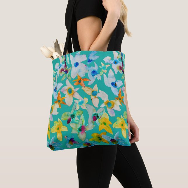 Watercolor whimsical blue flowers tote bag (Close Up)