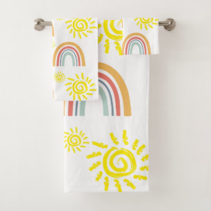Watercolor Whimsical Boho Rainbow and Sun Kids Bath Towel Set