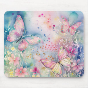 Watercolor Whimsical Butterflies and Flowers Mouse Mat