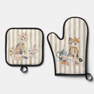 Watercolor Whimsical Cat Oven Mitt & Pot Holder Set