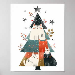 Watercolor Whimsical Cats Christmas Tree  Poster