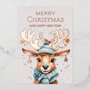Watercolor Whimsical Christmas Reindeer Rose Gold  Foil Holiday Card