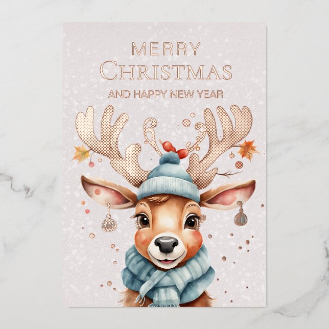 Watercolor Whimsical Christmas Reindeer Rose Gold  Foil Holiday Card (Front)