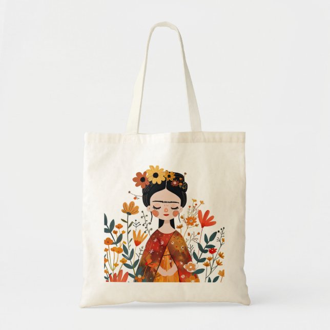 Watercolor Whimsical Cute Frida Kahlo Illustration Tote Bag (Front)