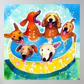 Watercolor Whimsical Dogs Pool Party Square Poster