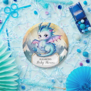 Watercolor Whimsical Dragon Baby Shower Paper Plate