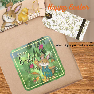 Watercolor whimsical Easter Bunny Square Sticker