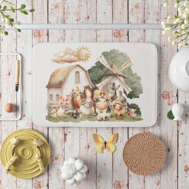 Watercolor Whimsical Farm Animals Bath Mat (Creator Uploaded)