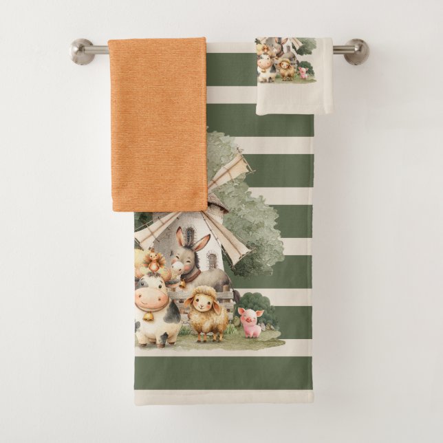 Watercolor Whimsical Farm Animals Bath Towel Set (Insitu)