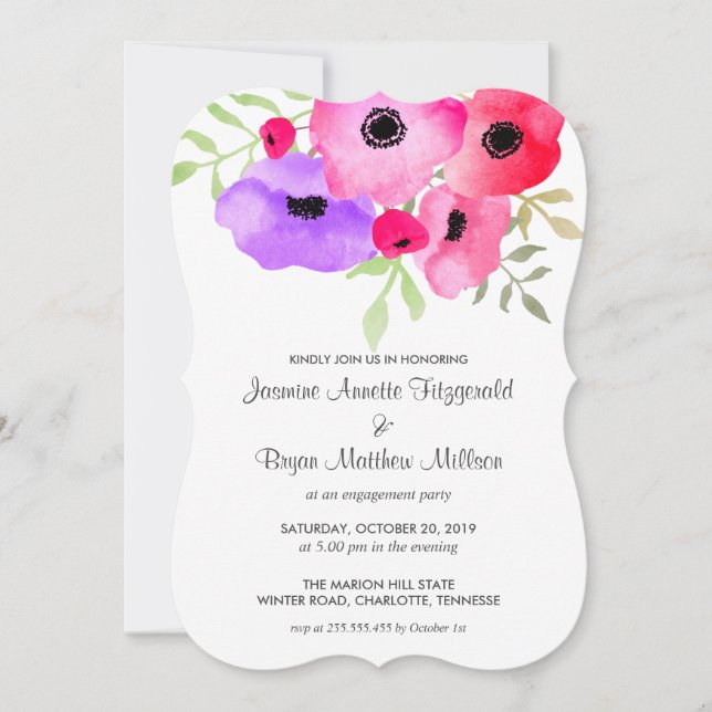 Watercolor Whimsical Floral Engagement Party Invitation (Front)