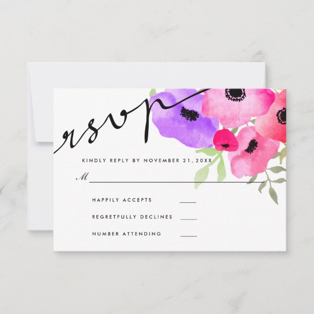 Watercolor Whimsical Floral Wedding RSVP Script (Front)