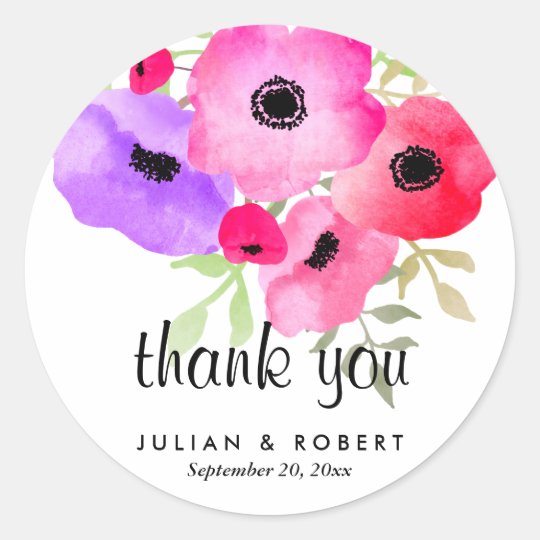 Watercolor Whimsical Flowers Wedding Thank You Classic Round Sticker