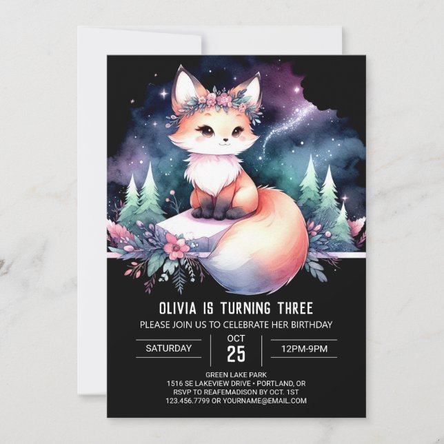 Watercolor Whimsical Fox Birthday digital Invitation (Front)