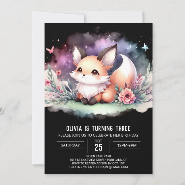 Watercolor Whimsical Fox Birthday digital Invitation (Front)