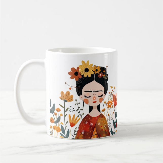 Watercolor Whimsical Frida Kahlo Illustration Coffee Mug (Left)