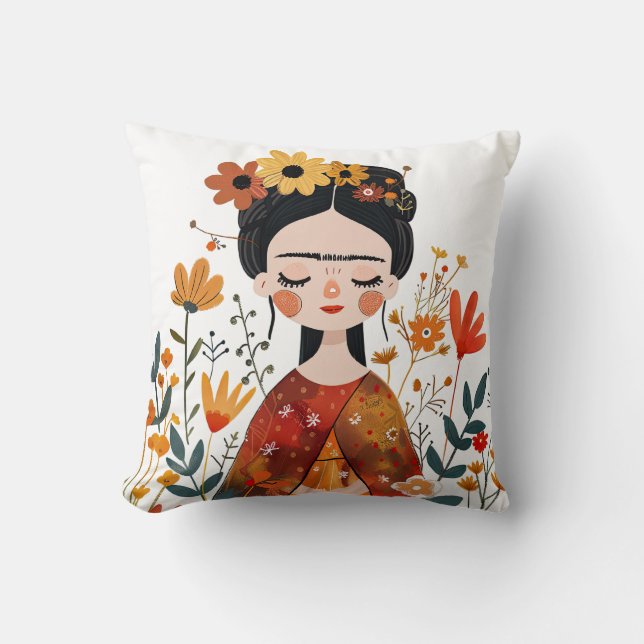 Watercolor Whimsical Frida Kahlo Illustration Cushion (Front)