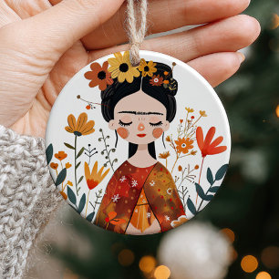 Watercolor Whimsical Frida Kahlo with Custom Photo Ceramic Tree Decoration