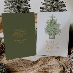 Watercolor Whimsical Gold Tree Merry Christmas Holiday Card