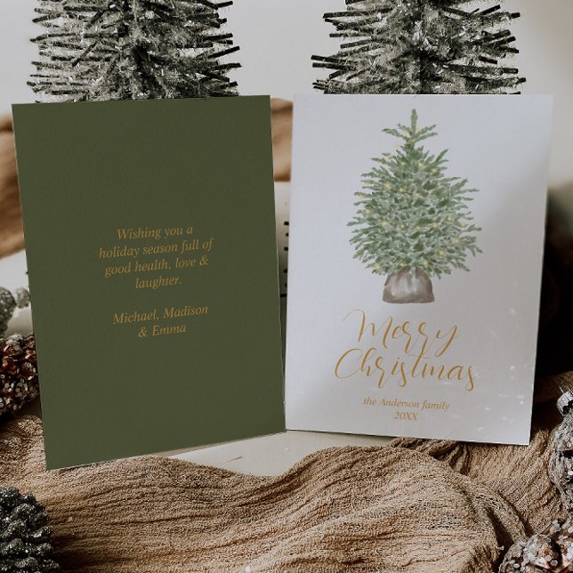 Watercolor Whimsical Gold Tree Merry Christmas Holiday Card (Creator Uploaded)