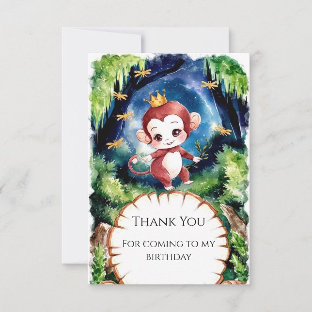 Watercolor Whimsical Monkey Birthday Thank You Card (Front)