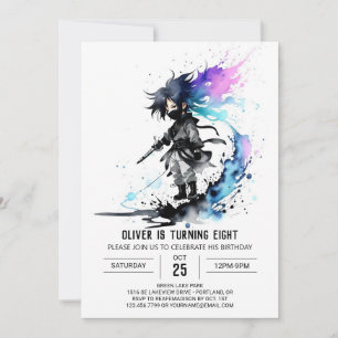 Watercolor Whimsical Ninja Boy Digital Birthday Invitation
