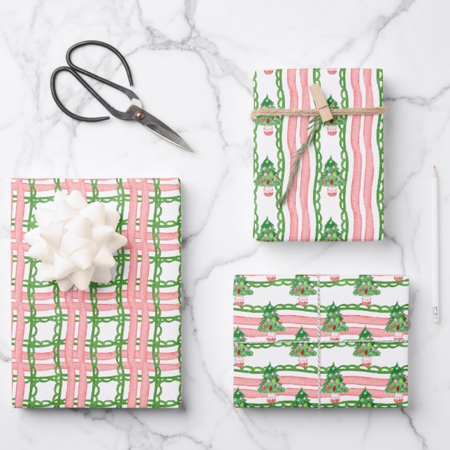 Watercolor Whimsical Plaid Christmas Trees Wrapping Paper Sheet (Front)