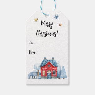 Watercolor Whimsical Red House Snow Trees To-From Gift Tags
