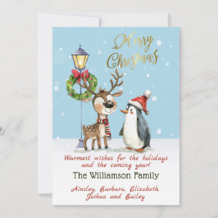 Watercolor Whimsical Reindeer Penguin Christmas Holiday Card