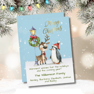 Watercolor Whimsical Reindeer Penguin Christmas Holiday Card