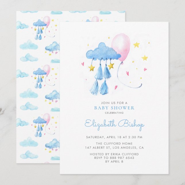 Watercolor Whimsical Sky Cute Baby Shower Invitation (Front/Back)