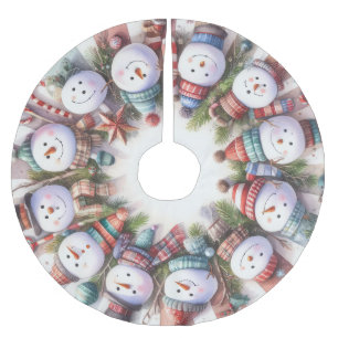 Watercolor Whimsical Snowmen Christmas Brushed Polyester Tree Skirt