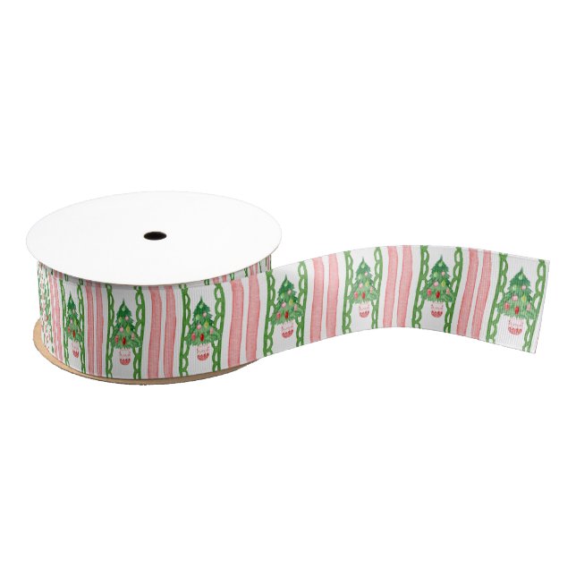 Watercolor Whimsical Striped Christmas Trees Grosgrain Ribbon (Spool)