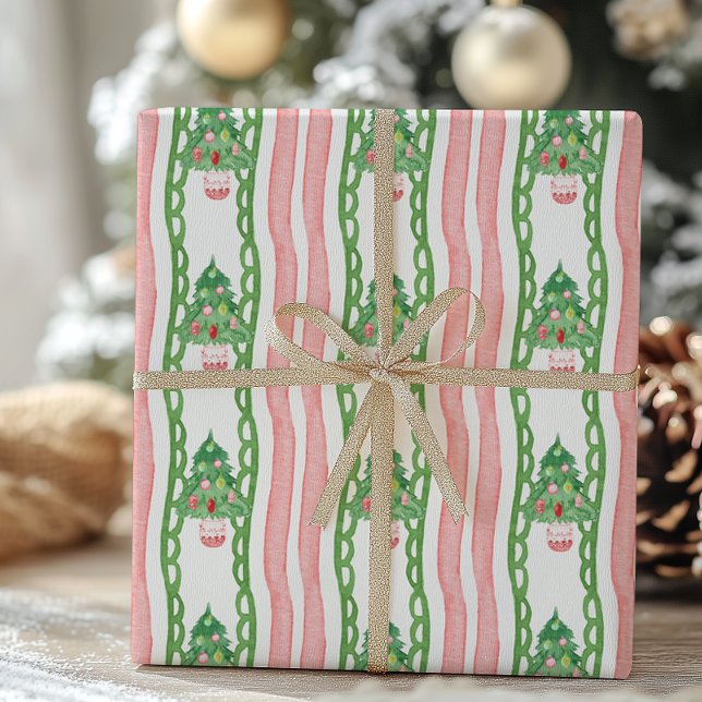 Watercolor Whimsical Striped Christmas Trees Wrapping Paper (Creator Uploaded)
