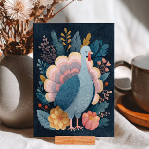 Watercolor Whimsical Turkey Botanical Thanksgiving Postcard