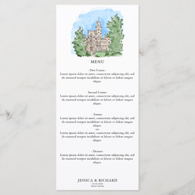 Watercolor Whimsical Venue Chateau Illustration  Menu (Front)