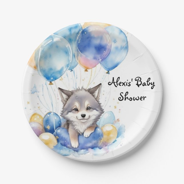 Watercolor Whimsical Wolf Cub Baby Shower Paper Plate (Front)